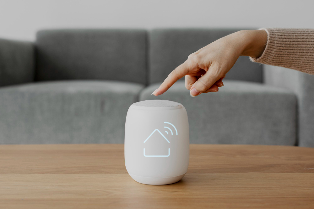 Enceinte de maison connectée activée du doigt, illustrant la domotique et la sécurité connectée